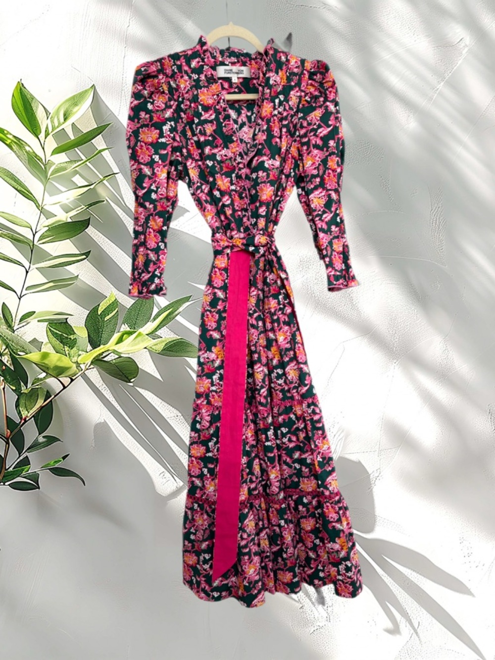 Diane Von Furstenberg Floral Wrap Maxi Dress in Dark Green and Bright Pink